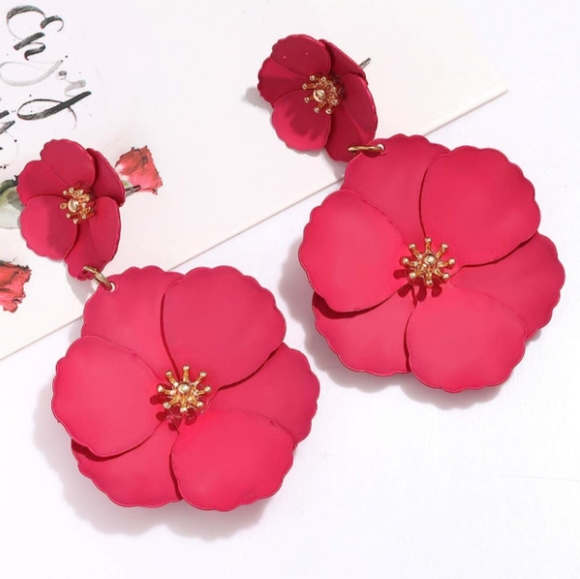 Dark Rose Pink Double Flower Earrings 2.5" Big Floral Statement Jewelry Flowers - Picture 5 of 8